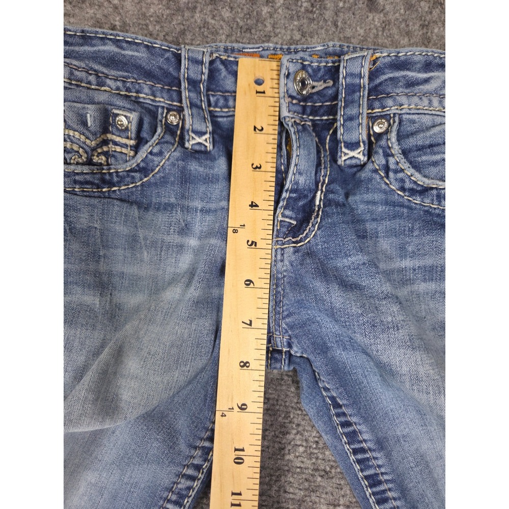 Rock Revival Lang Bootcut Jeans Womens 26 Blue Distressed Mid Rise Thick Stitch - Picture 12 of 13